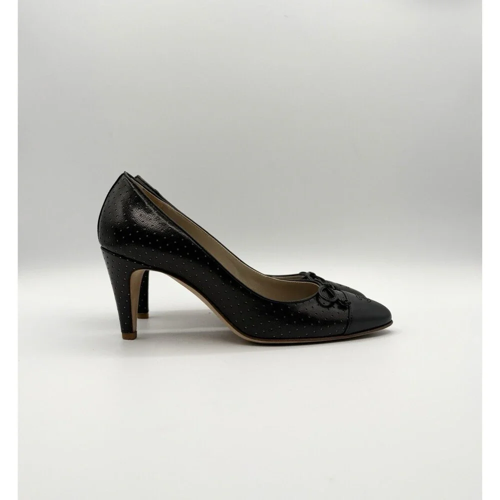 Chanel Black Perforated Leather Heels w/ CC Cap Toe & Bow Accent Size EU 36.5